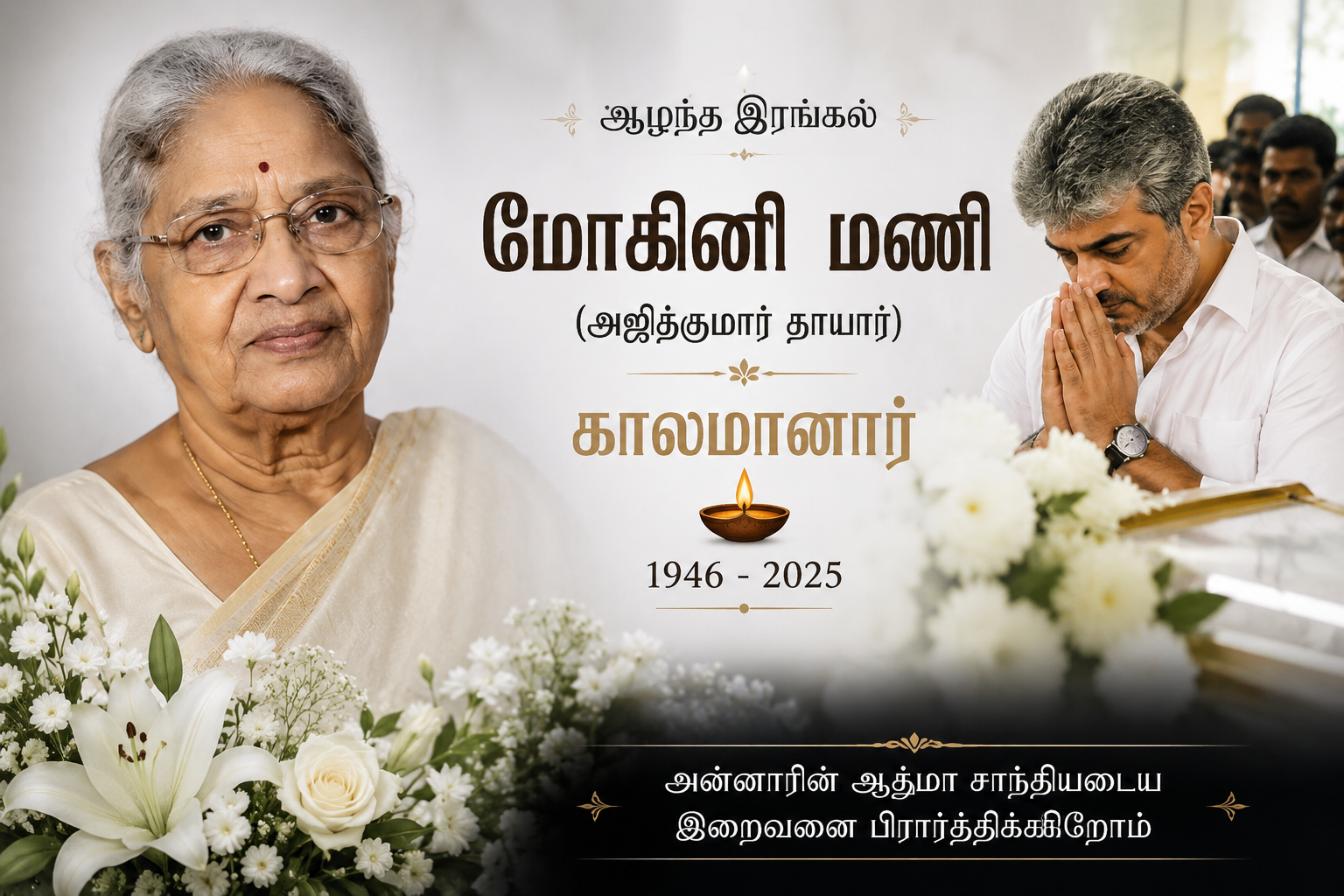 நடிகர் அஜித்தின் தாயார் மோகினி மணி காலமானார்: முதல்வர் விஜய், மு.க.ஸ்டாலின், கமல் ஹாசன் இரங்கல்!